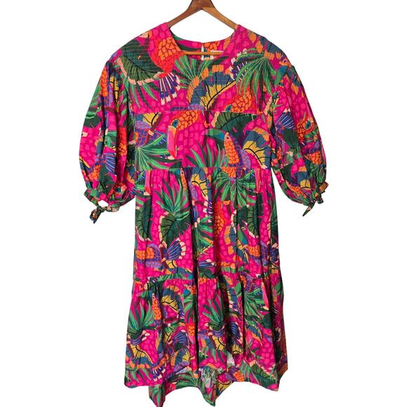 FARM Rio Dresses & Skirts - FARM Rio Painted Toucans Tiered Midi Colorful Dress Size Medium Vacation